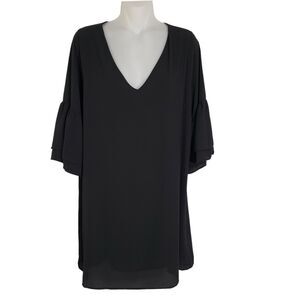 Tyche Womens Mini Dress Sz Large Black A-Line V Neck Tiered Bell Sleeves Lined